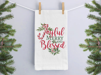 Joyful Merry and Blessed Holiday Christmas Kitchen Towel - Organic Cotton Flour Sack Tea Towel