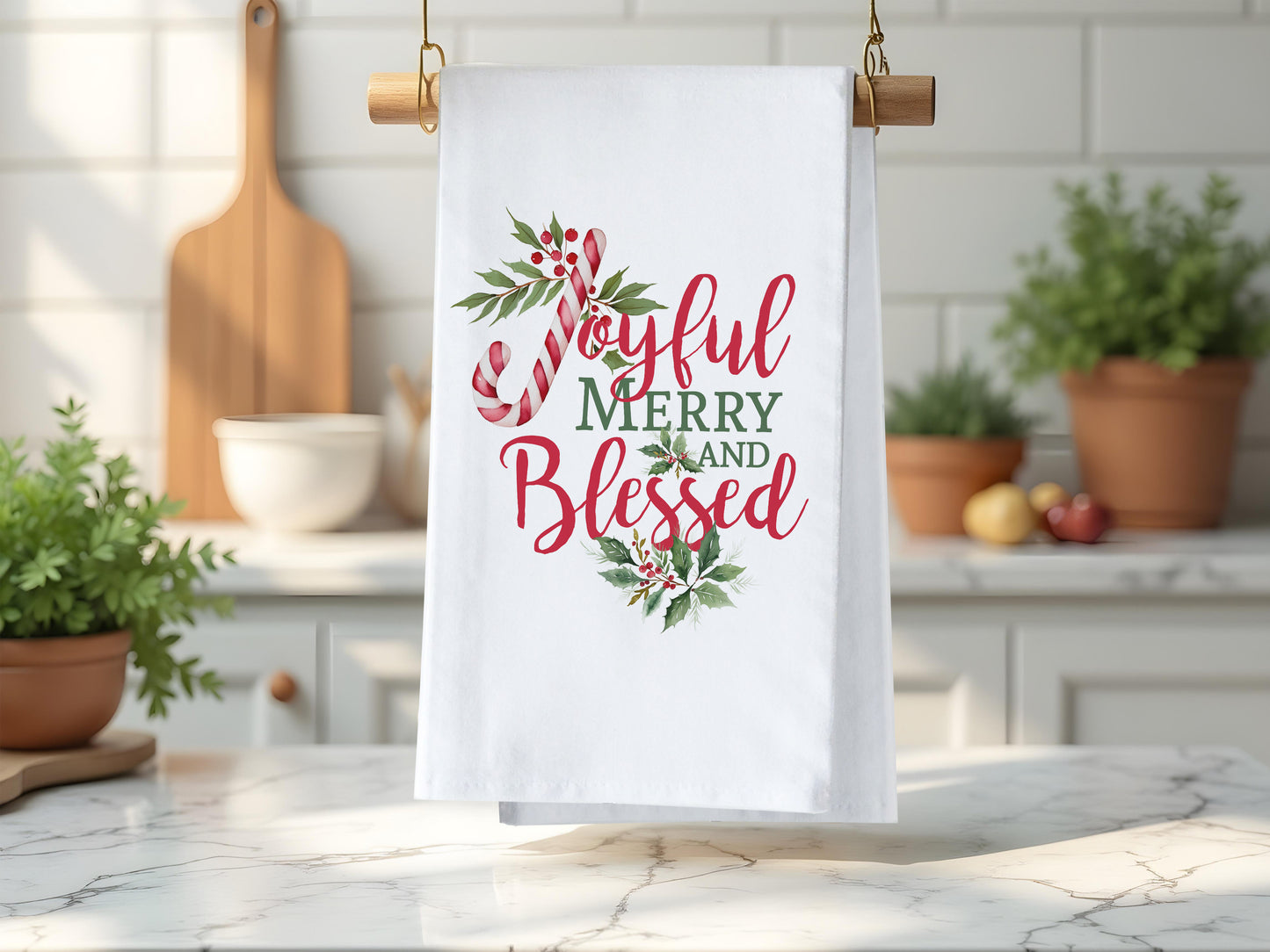 Joyful Merry and Blessed Holiday Christmas Kitchen Towel - Organic Cotton Flour Sack Tea Towel