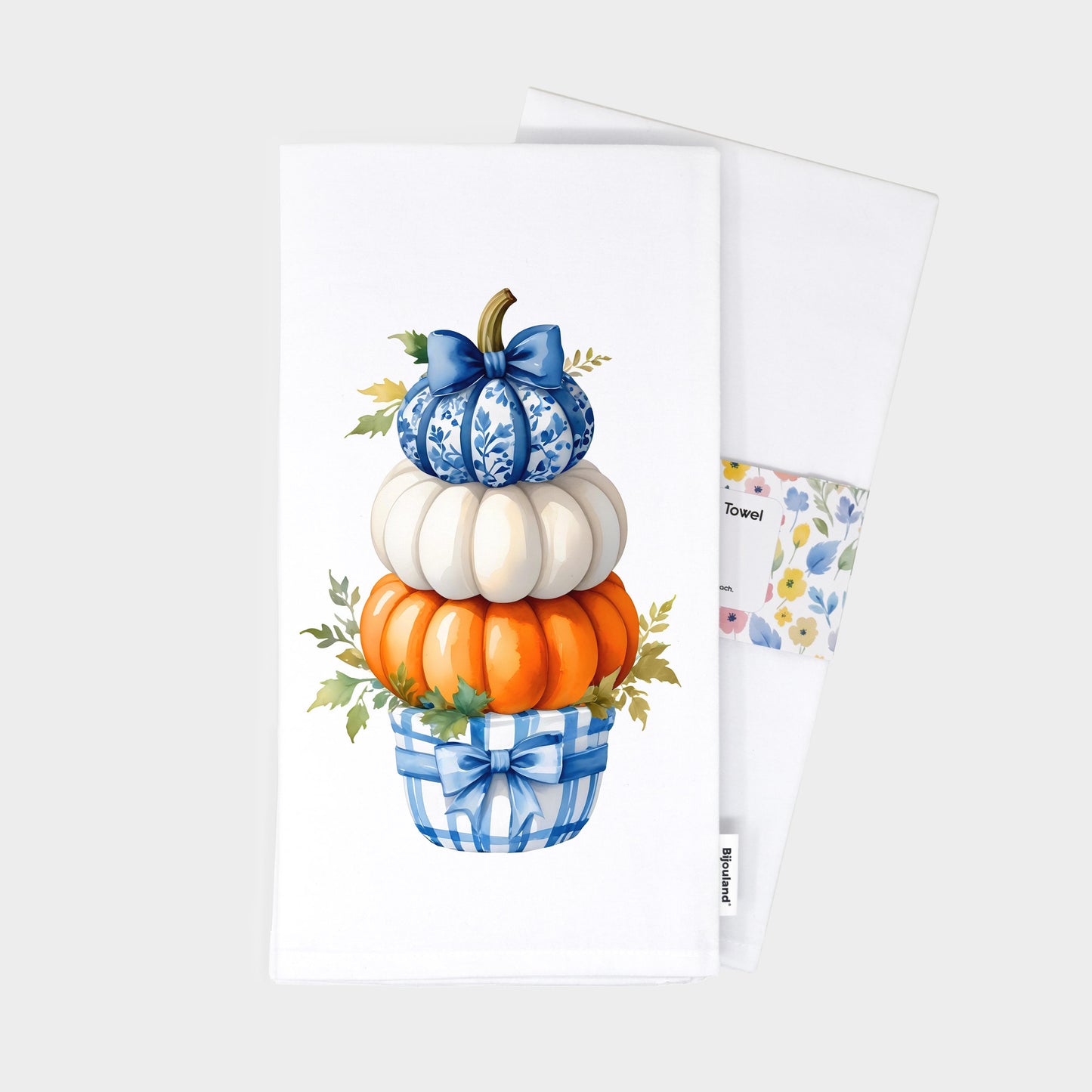 Fall Chinoiserie Ginger Basket Topiary Blue and Orange Pumpkin Flour Sack Cotton Kitchen Tea Towel - Fall Decor