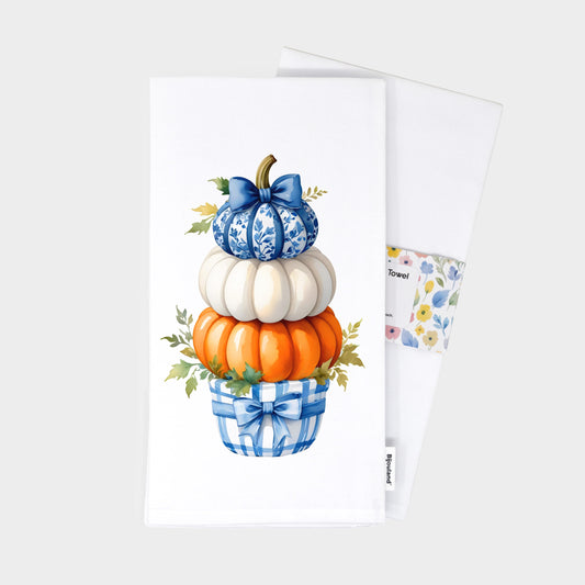 Fall Chinoiserie Ginger Basket Topiary Blue and Orange Pumpkin Flour Sack Cotton Kitchen Tea Towel - Fall Decor