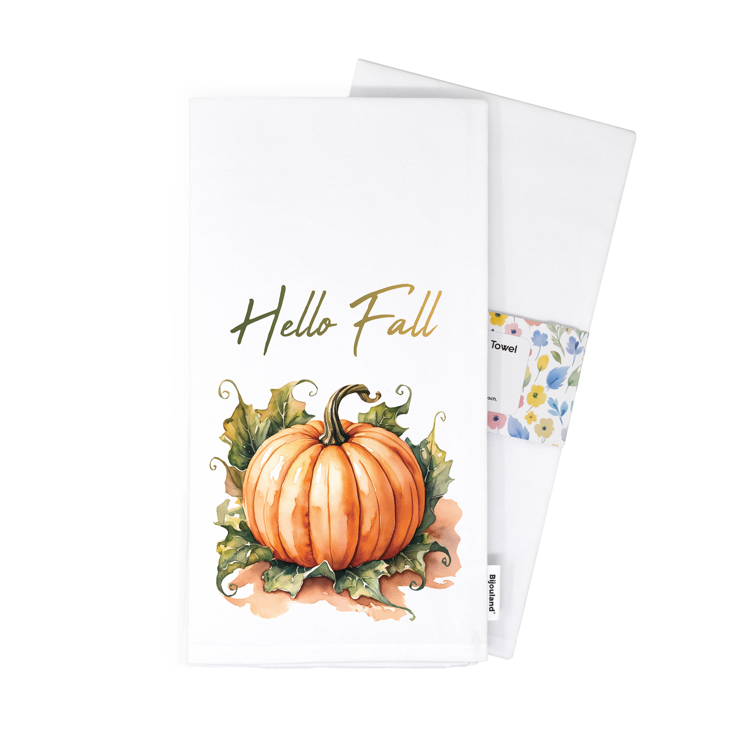 Hello Fall Kitchen Towel - Pumpkin and Autumn Leaves Decor, Flour Sack Cotton Hand Tea Towel