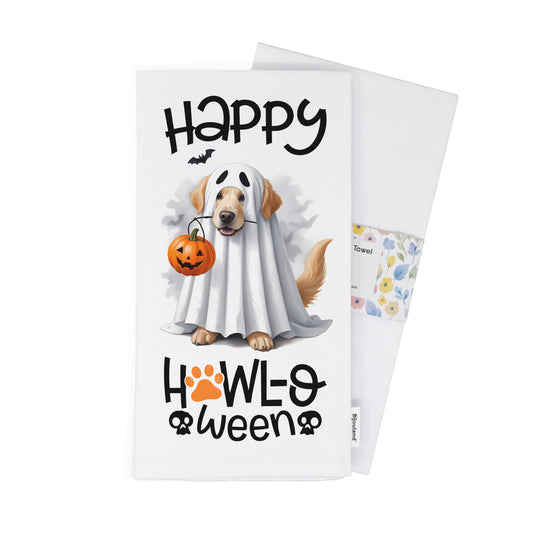 Happy Howl-O-Ween Dog Kitchen Towel - Cute Halloween Decor for Dog Lovers - Ghost & Pumpkin Design - Organic Cotton Flour Sack Towel