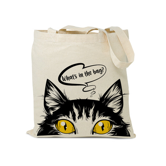 Cat Cute Cotton Canvas Tote Bag, - What's in the Bag Funny and Cute Cat Lover Reusable Shopping Tote Bag