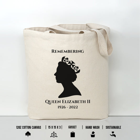 Queen Elizabeth II 1926-2022 Remembering Tote Bag, Queen Elizabeth Bag, Natural Color Tote Bag with Gusset Bottom, 12oz Cotton Canvas