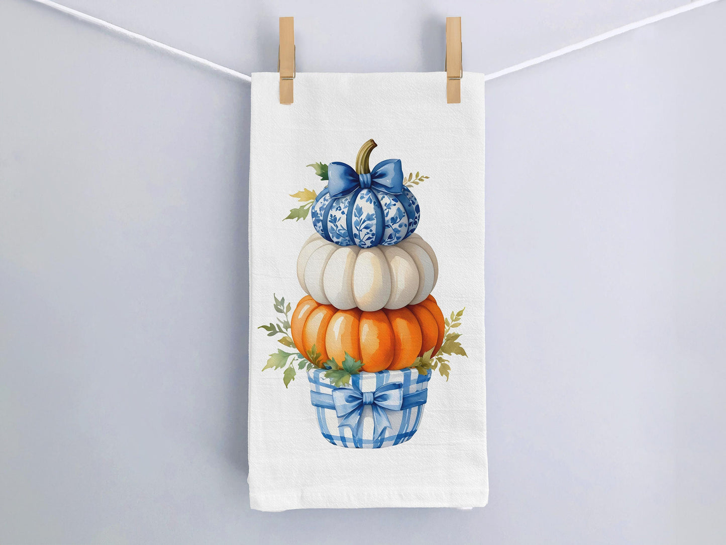 Fall Chinoiserie Ginger Basket Topiary Blue and Orange Pumpkin Flour Sack Cotton Kitchen Tea Towel - Fall Decor