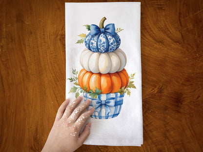 Fall Chinoiserie Ginger Basket Topiary Blue and Orange Pumpkin Flour Sack Cotton Kitchen Tea Towel - Fall Decor