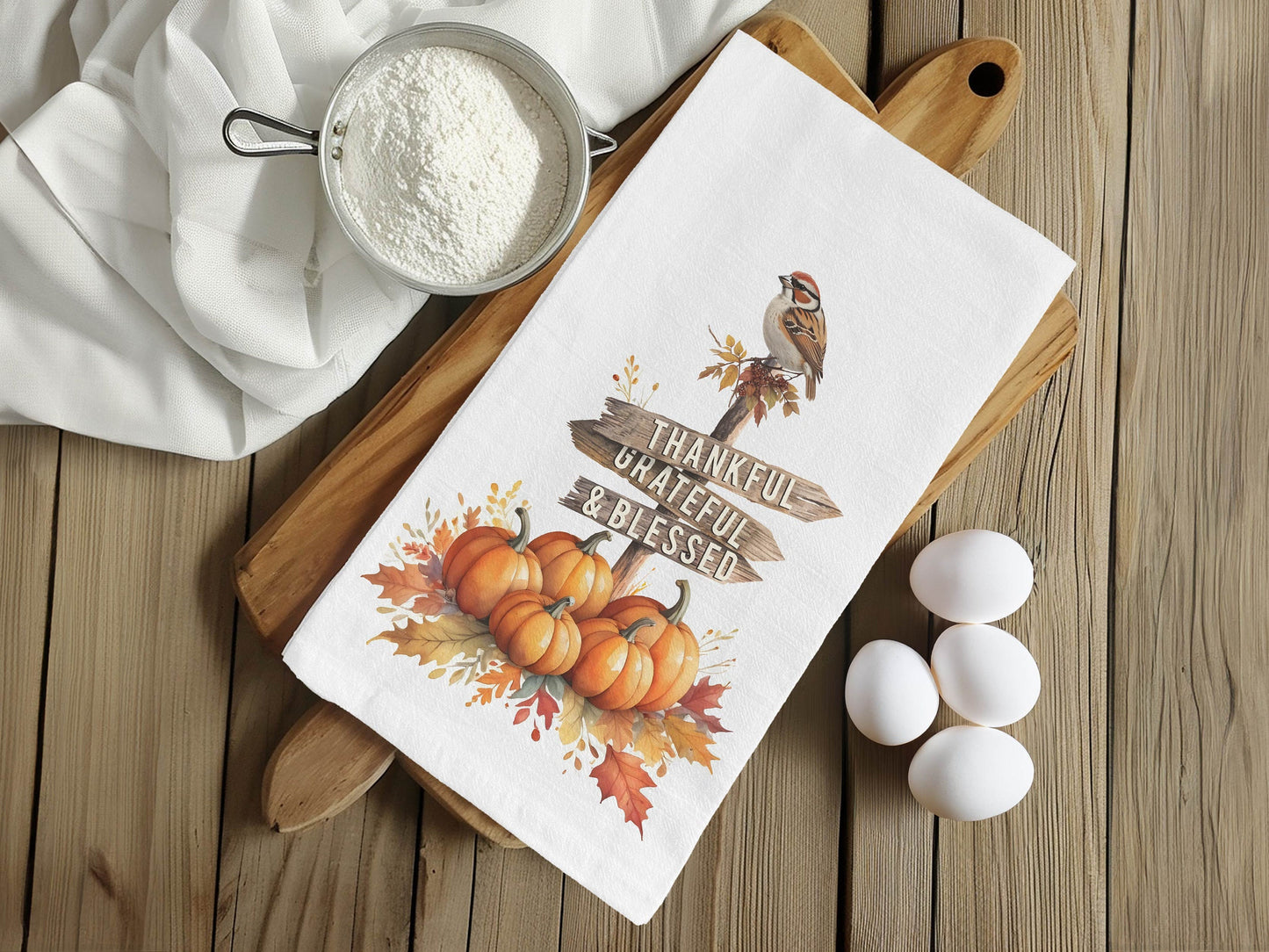 Fall Decor Thankful Grateful Blessed Kitchen Towel - Autumn Pumpkins and Sparrow Decor, Flour Sack Cotton Hand Tea Towel