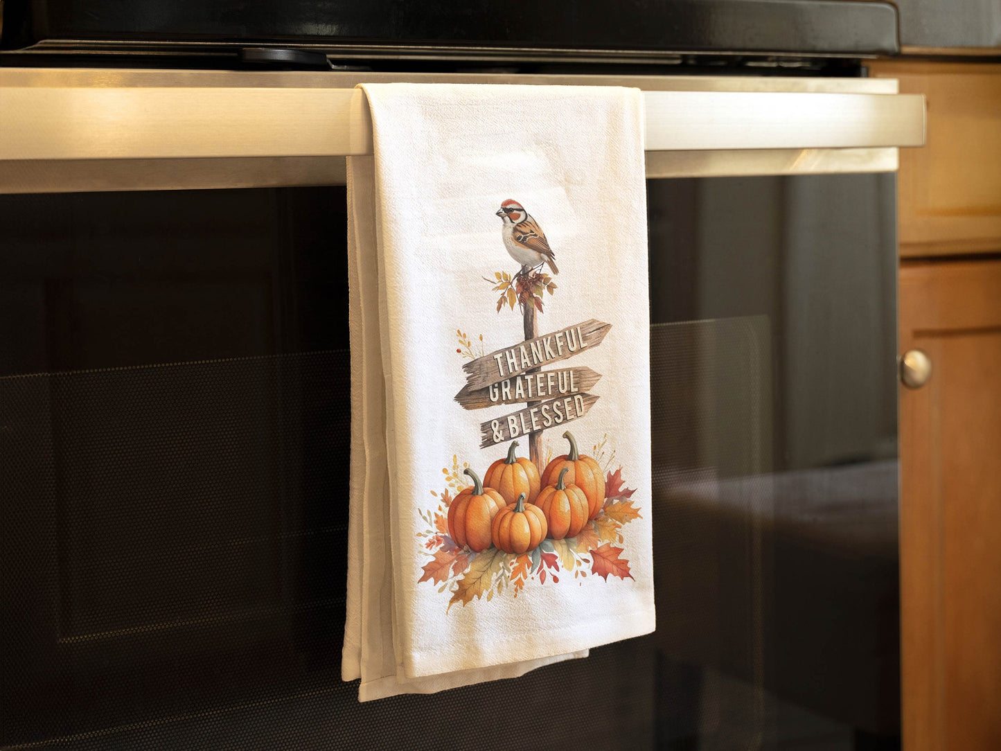 Fall Decor Thankful Grateful Blessed Kitchen Towel - Autumn Pumpkins and Sparrow Decor, Flour Sack Cotton Hand Tea Towel