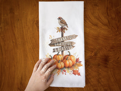 Fall Decor Thankful Grateful Blessed Kitchen Towel - Autumn Pumpkins and Sparrow Decor, Flour Sack Cotton Hand Tea Towel