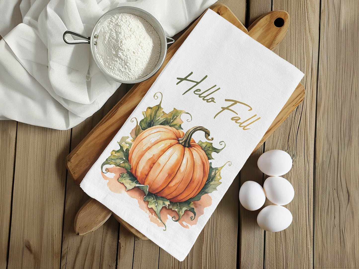 Hello Fall Kitchen Towel - Pumpkin and Autumn Leaves Decor, Flour Sack Cotton Hand Tea Towel