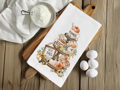 Hello Fall Pumpkin and Mug Tiered Tray Fall Tea Towel - Organic Cotton Flour Sack Tea Towel