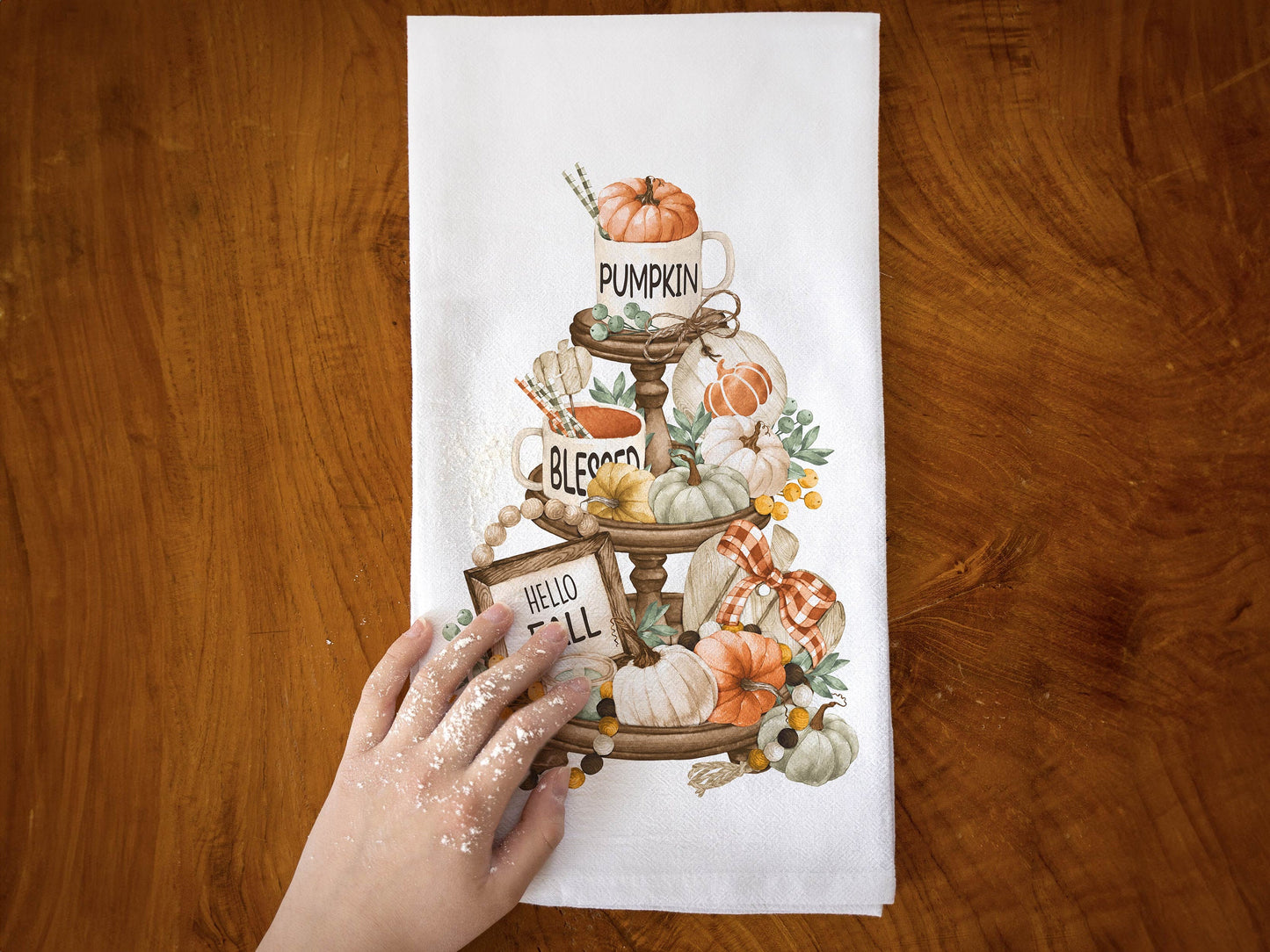 Hello Fall Pumpkin and Mug Tiered Tray Fall Tea Towel - Organic Cotton Flour Sack Tea Towel