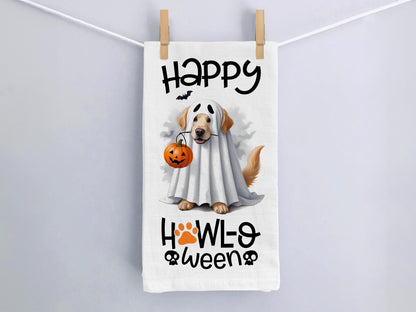 Happy Howl-O-Ween Dog Kitchen Towel - Cute Halloween Decor for Dog Lovers - Ghost & Pumpkin Design - Organic Cotton Flour Sack Towel