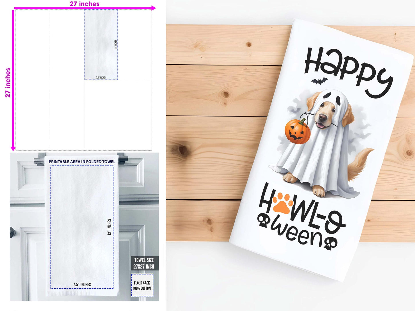 Happy Howl-O-Ween Dog Kitchen Towel - Cute Halloween Decor for Dog Lovers - Ghost & Pumpkin Design - Organic Cotton Flour Sack Towel