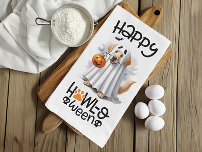 Happy Howl-O-Ween Dog Kitchen Towel - Cute Halloween Decor for Dog Lovers - Ghost & Pumpkin Design - Organic Cotton Flour Sack Towel