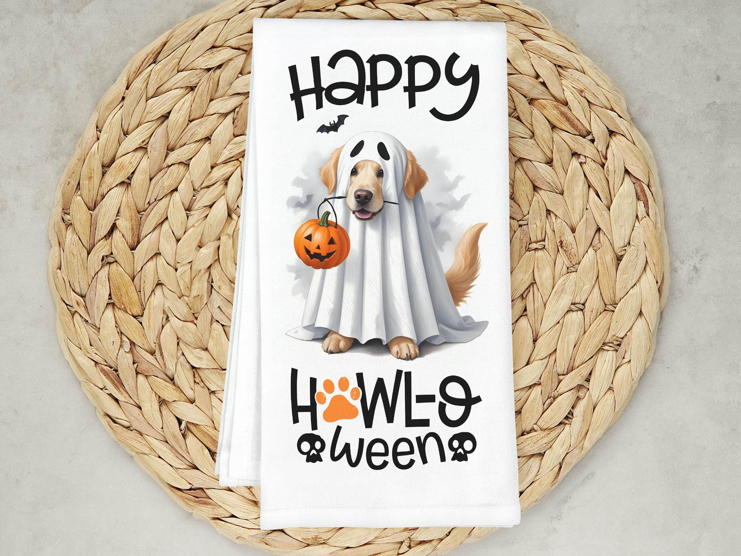 Happy Howl-O-Ween Dog Kitchen Towel - Cute Halloween Decor for Dog Lovers - Ghost & Pumpkin Design - Organic Cotton Flour Sack Towel