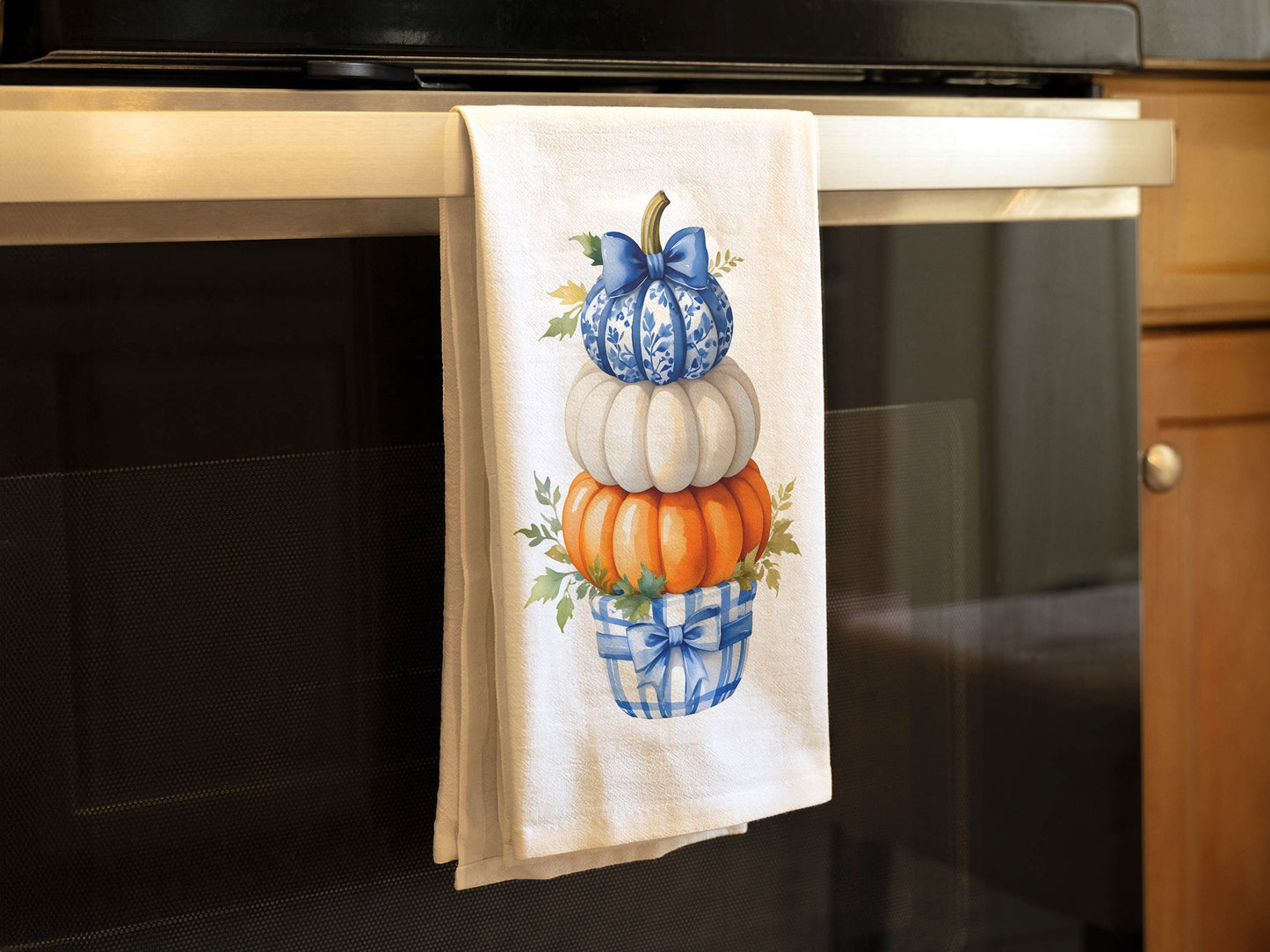 Fall Chinoiserie Ginger Basket Topiary Blue and Orange Pumpkin Flour Sack Cotton Kitchen Tea Towel - Fall Decor