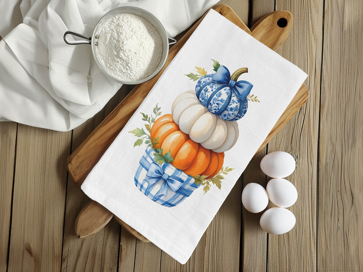 Fall Chinoiserie Ginger Basket Topiary Blue and Orange Pumpkin Flour Sack Cotton Kitchen Tea Towel - Fall Decor