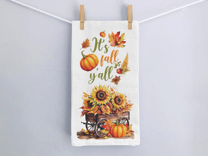 It's Fall Y'all - Autumn Kitchen Towel - Sunflower and Pumpkin Flour Sack Cotton Tea Towel, Fall Kitchen Decor