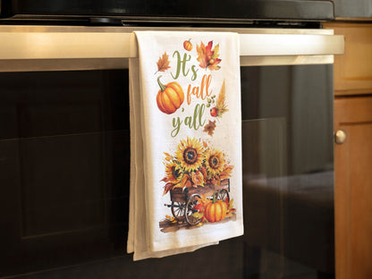 It's Fall Y'all - Autumn Kitchen Towel - Sunflower and Pumpkin Flour Sack Cotton Tea Towel, Fall Kitchen Decor