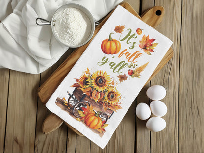 It's Fall Y'all - Autumn Kitchen Towel - Sunflower and Pumpkin Flour Sack Cotton Tea Towel, Fall Kitchen Decor