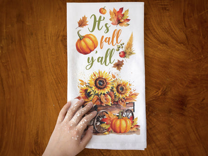 It's Fall Y'all - Autumn Kitchen Towel - Sunflower and Pumpkin Flour Sack Cotton Tea Towel, Fall Kitchen Decor