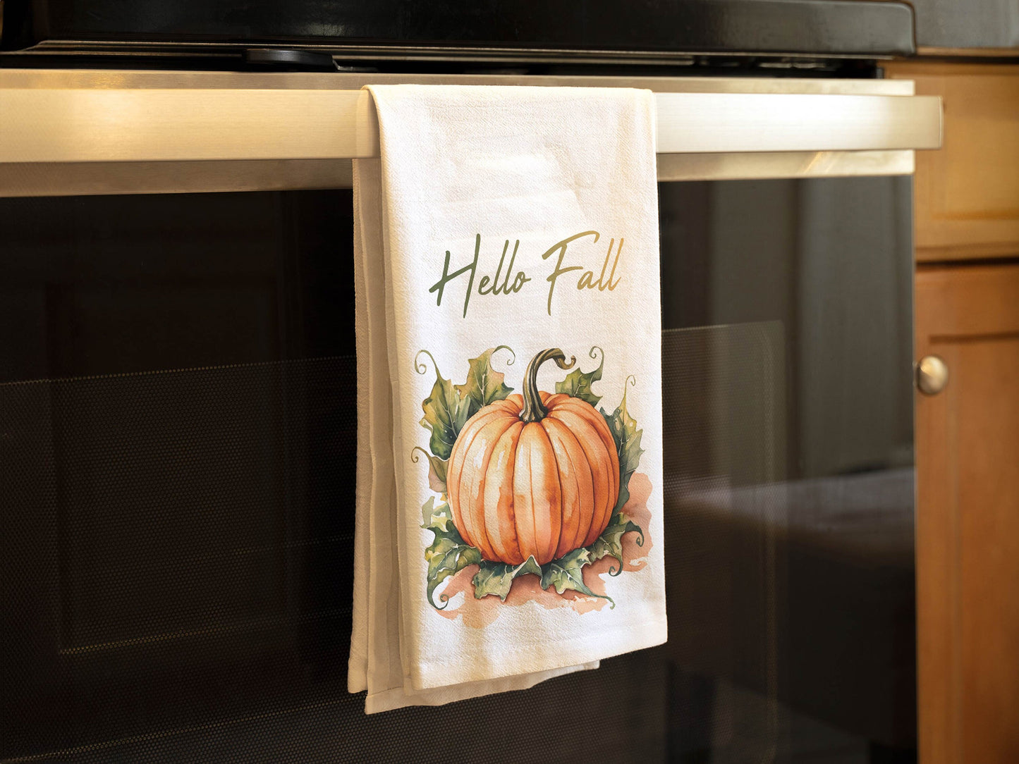 Hello Fall Kitchen Towel - Pumpkin and Autumn Leaves Decor, Flour Sack Cotton Hand Tea Towel