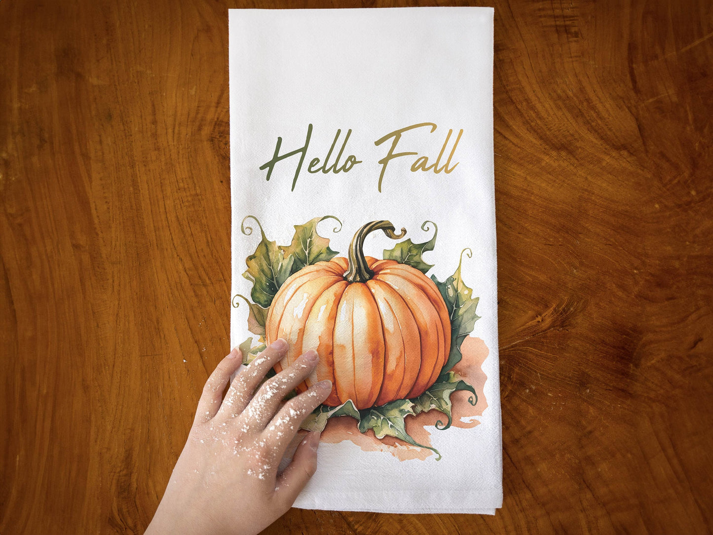 Hello Fall Kitchen Towel - Pumpkin and Autumn Leaves Decor, Flour Sack Cotton Hand Tea Towel