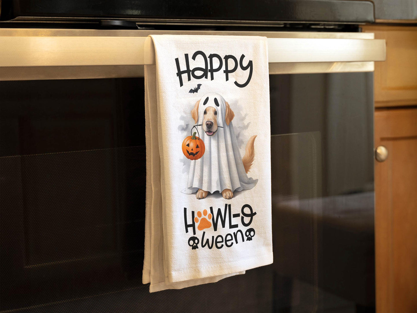 Happy Howl-O-Ween Dog Kitchen Towel - Cute Halloween Decor for Dog Lovers - Ghost & Pumpkin Design - Organic Cotton Flour Sack Towel