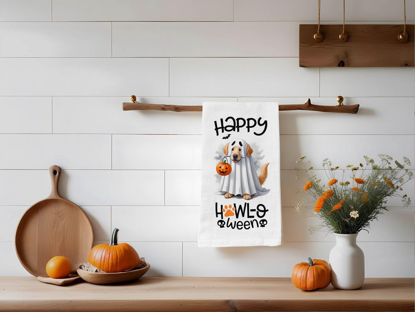 Happy Howl-O-Ween Dog Kitchen Towel - Cute Halloween Decor for Dog Lovers - Ghost & Pumpkin Design - Organic Cotton Flour Sack Towel