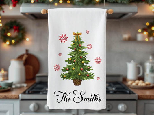 Personalized Christmas Kitchen Towel,Custom Family Name Holiday Tree Decor, Festive Host Gift, Family Christmas Gift - Organic Cotton