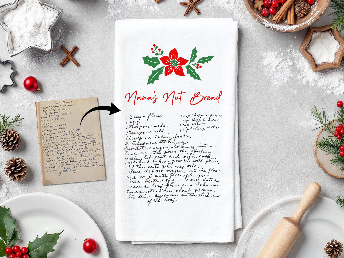 Custom Family Recipe Tea Towel with Poinsettia Decor - Organic Cotton