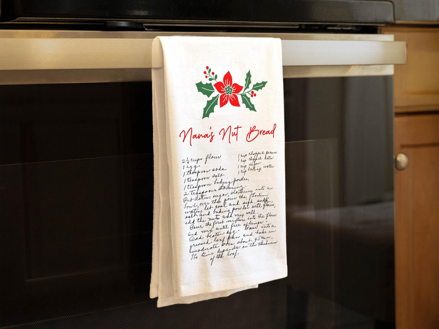 Custom Family Recipe Tea Towel with Poinsettia Decor - Organic Cotton