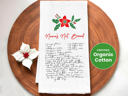 Custom Family Recipe Tea Towel with Poinsettia Decor - Organic Cotton