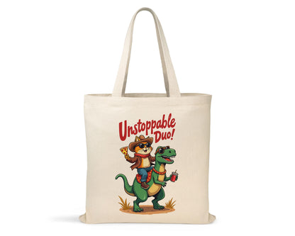 T-Rex and Cat Tote Bag Unstoppable Duo Design, Tyrannosaur Rex Tote Bag