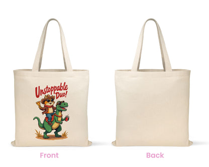 T-Rex and Cat Tote Bag Unstoppable Duo Design, Tyrannosaur Rex Tote Bag