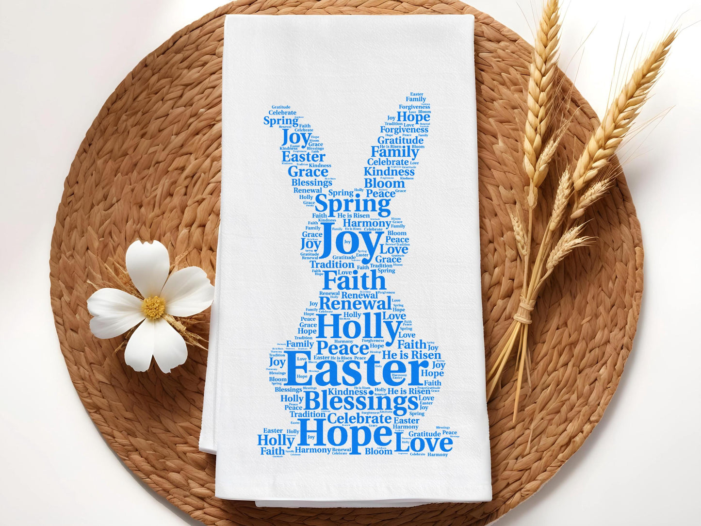 Easter Bunny Kitchen Towel Word Art, Religious Easter Decor, Spring Blessings Tea Towel, Organic Cotton Christian Gift