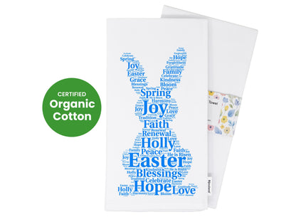 Easter Bunny Kitchen Towel Word Art, Religious Easter Decor, Spring Blessings Tea Towel, Organic Cotton Christian Gift