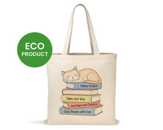 Cat Lover Tote Bag, Eco-Friendly Canvas Bag, Cute Book and Cat Design, Literary Gift