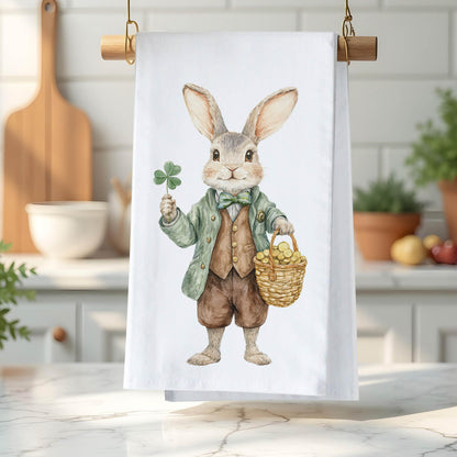 St. Patrick's Day Tea Towel, Bunny Clover Kitchen Decor, Decorative Hostess Gift, Irish-Themed Towel - Flour Sack Organic Cotton