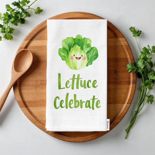 Lettuce Celebrate Kitchen Towel - Funny Food Pun Gift for Salad Lovers & Veggie Fans - Flour Sack Organic Cotton Tea Towel