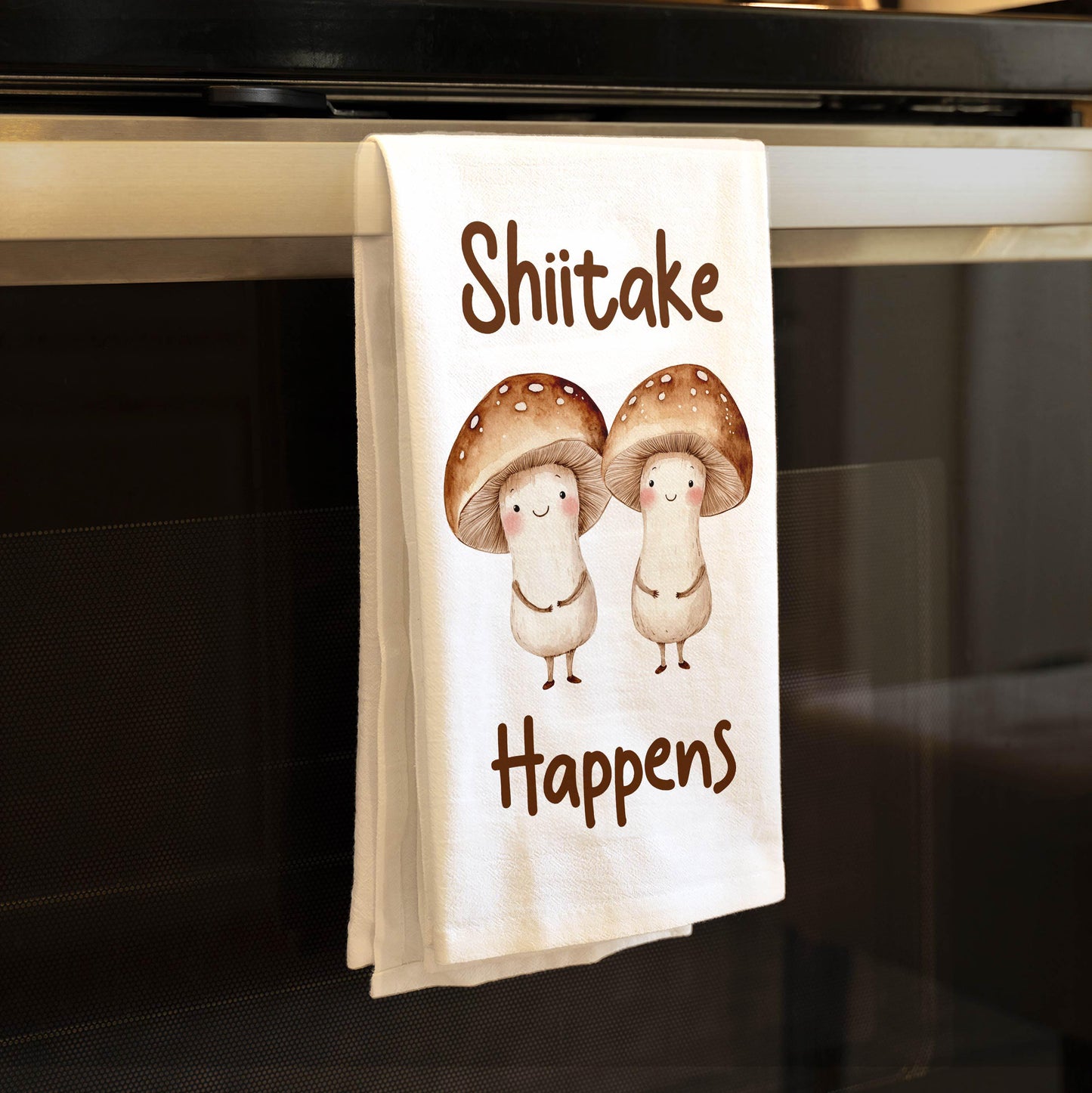 Shiitake Happens Kitchen Towel - Funny Mushroom Pun Gift for Foodies & Mushroom Lovers - Flour Sack Organic Cotton Tea Towel