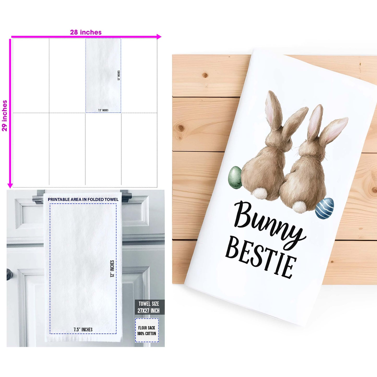 Bunny Bestie Easter Kitchen Towel - Cute Easter Tea Towel, Spring Bunny Gift, Farmhouse Kitchen Decor - Flour Sack Organic Cotton Tea Towel