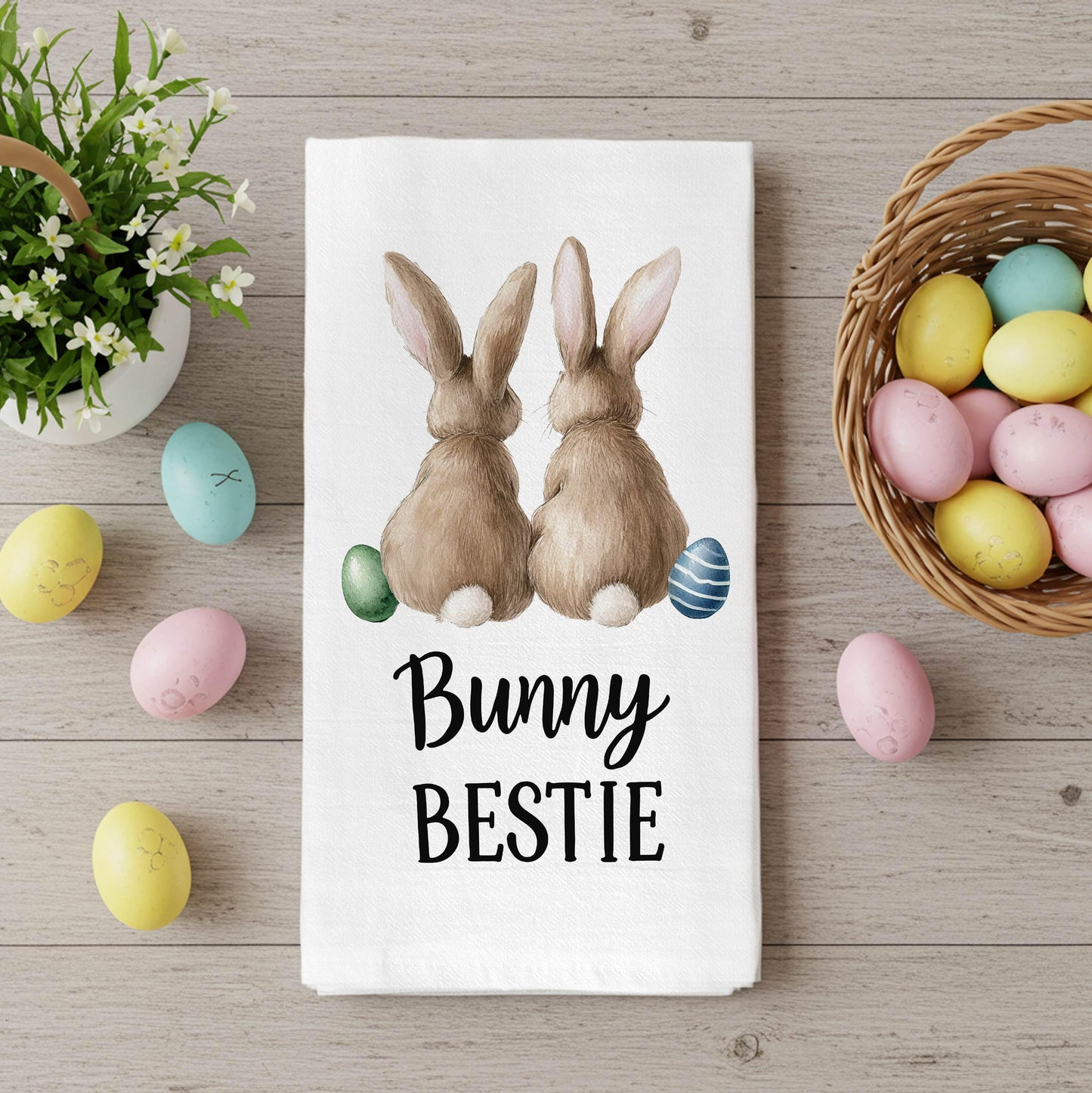 Bunny Bestie Easter Kitchen Towel - Cute Easter Tea Towel, Spring Bunny Gift, Farmhouse Kitchen Decor - Flour Sack Organic Cotton Tea Towel