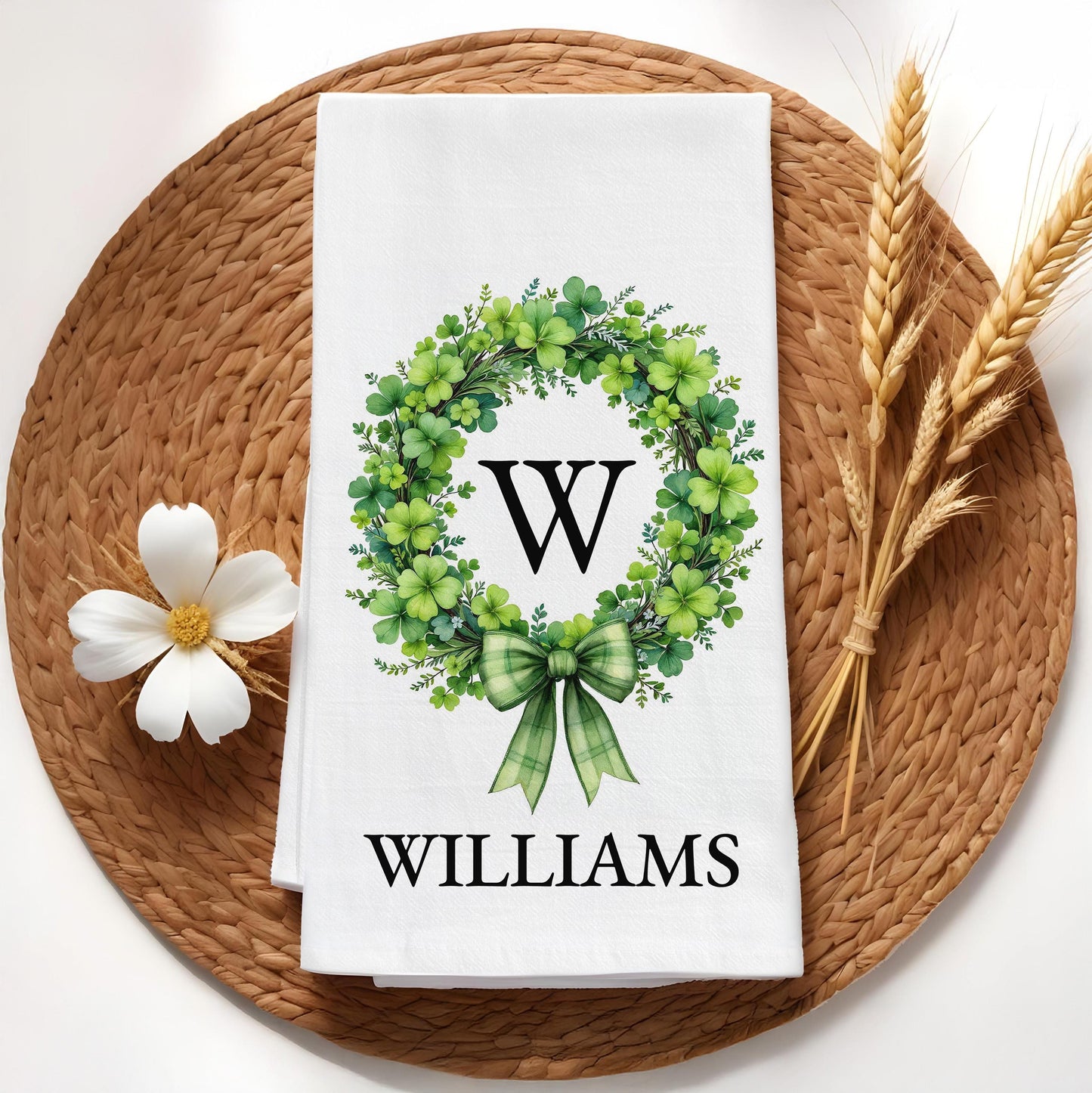 Personalized St. Patrick's Day Towel - Custom Name & Shamrock Wreath Irish Decor Gift - Flour Sack Organic Cotton Tea Towel