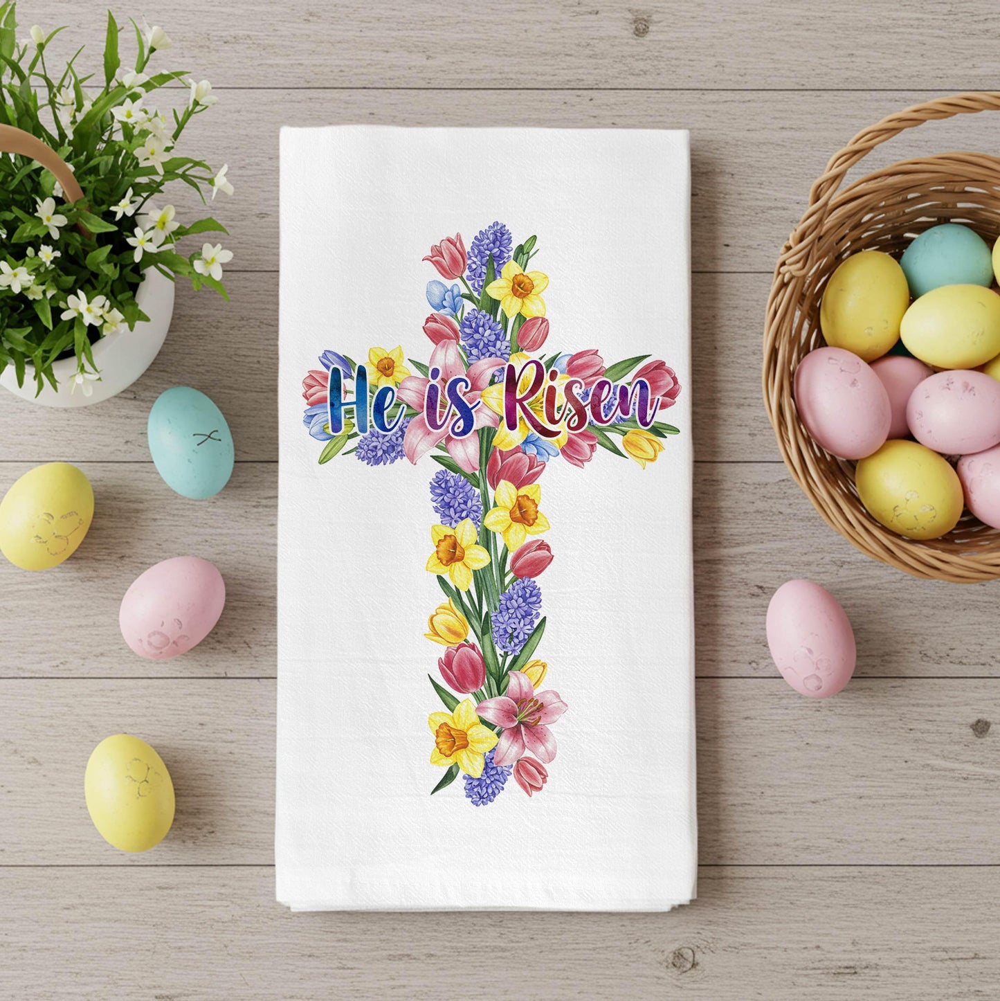 He is Risen" Easter Towel - Floral Cross Christian Gift - Religious Kitchen Decor - Flour Sack Organic Cotton Tea Towel