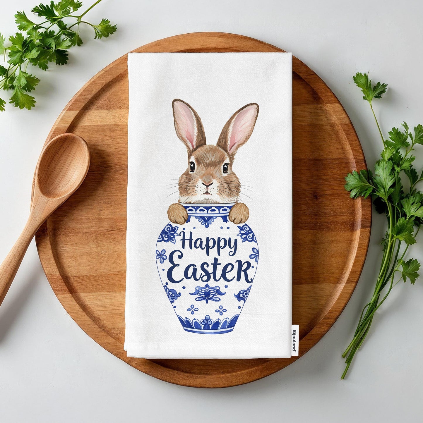 Happy Easter Kitchen Towel, Easter Bunny Tea Towel, Blue Willow Decor, Hostess Easter Gift - Flour Sack Organic Cotton Tea Towel