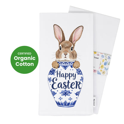 Happy Easter Kitchen Towel, Easter Bunny Tea Towel, Blue Willow Decor, Hostess Easter Gift - Flour Sack Organic Cotton Tea Towel