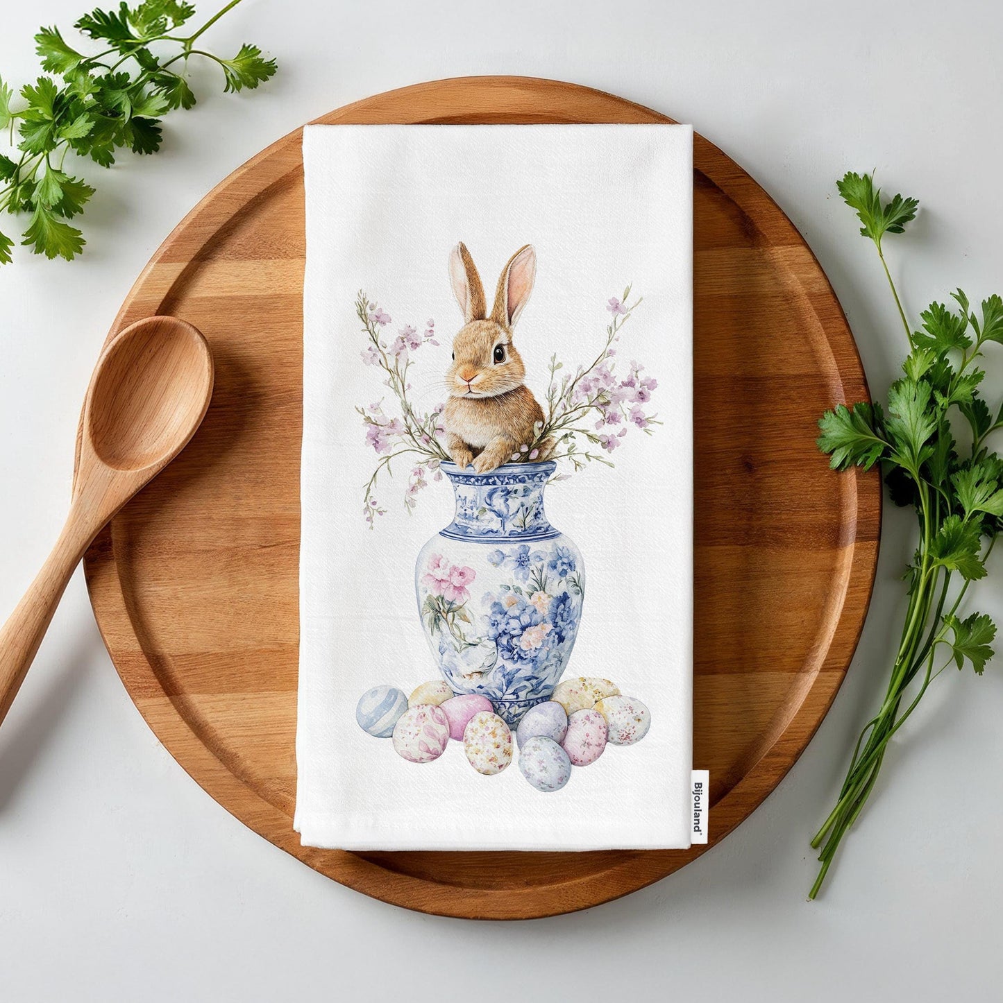 Easter Bunny Kitchen Towel, Chinoiserie Vase Spring Blossoms Dish Towel, Farmhouse Decor - Flour Sack Organic Cotton Tea Towel