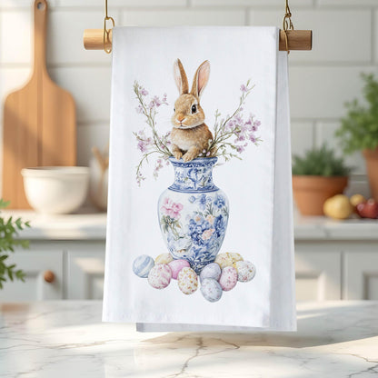 Easter Bunny Kitchen Towel, Chinoiserie Vase Spring Blossoms Dish Towel, Farmhouse Decor - Flour Sack Organic Cotton Tea Towel